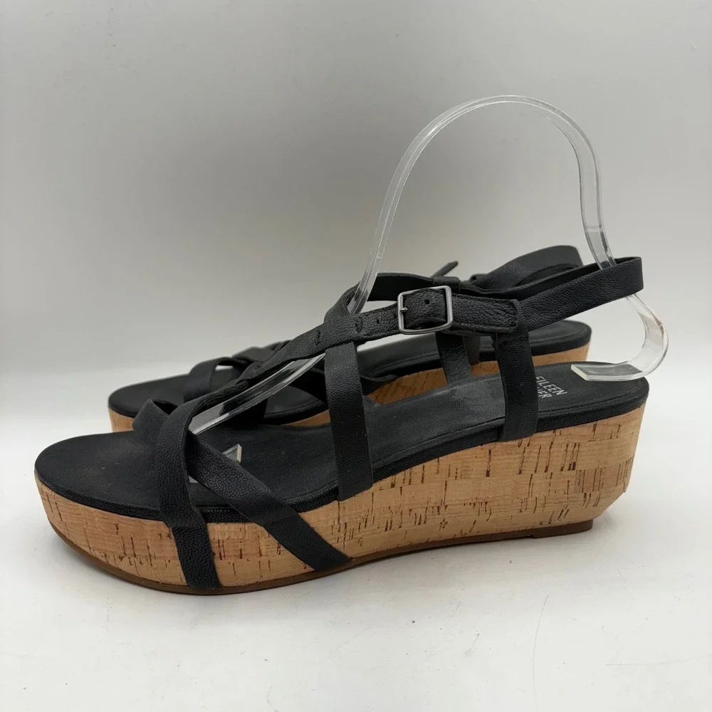 Eileen‎ Fisher Womens Black Leather Cork Platform Wedge Strappy Sandals Size 9.5